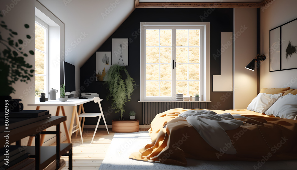 Obraz premium Modern Scandinavian bedroom, wooden bed in minimal interior. Generation AI