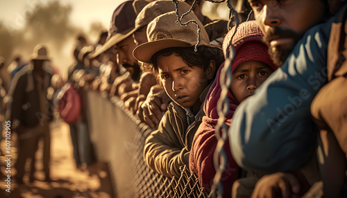 Fotografie, Tablou Refugee immigrants queue along high border fence Mexico and USA