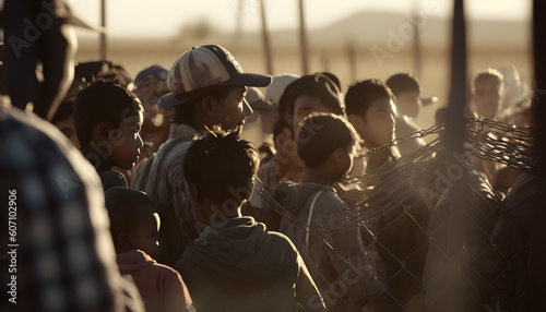 Refugee immigrants queue along high border fence Mexico and USA. Generation AI