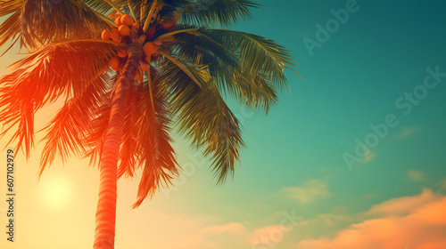 Vintage Postcard Style Palm Tree Silhouette at Sunset with Copyspace.