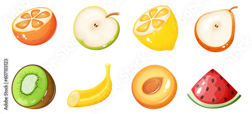 Pieces of various fruits set. Cartoon style vector illustration. Game slot element.