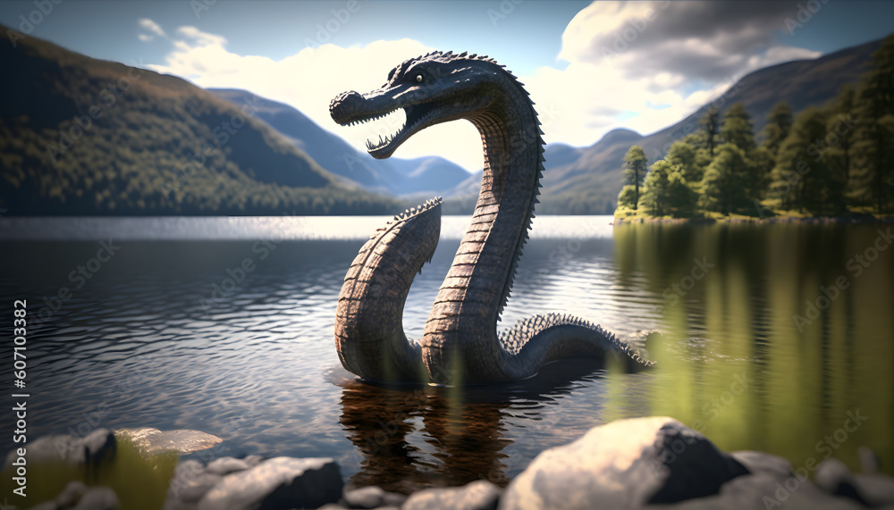 Loch Ness Monster Nessie in water lake. Generation AI Loch Ness Monster Nessie in water lake. Generation AI
