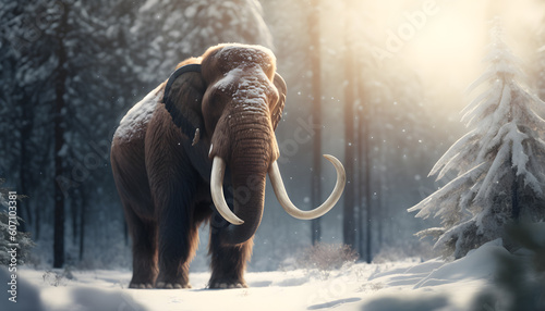 Woolly mammoth with sunlight, prehistoric animal in landscape frozen forest ice age. Generation AI
