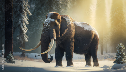 Woolly mammoth with sunlight  prehistoric animal in landscape frozen forest ice age. Generation AI