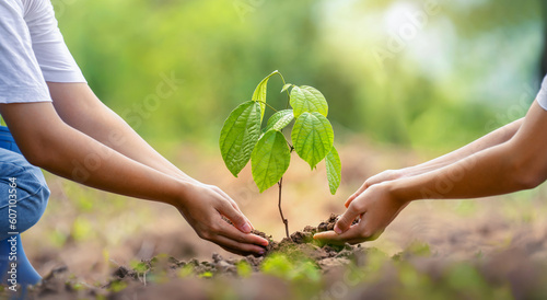 people hands planting small tree in sunset. concept save earth