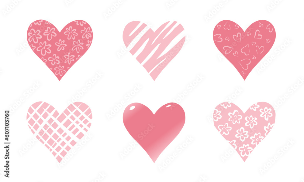 A vector set of six different hearts isolated on a white background. Illustration for romantic design.
