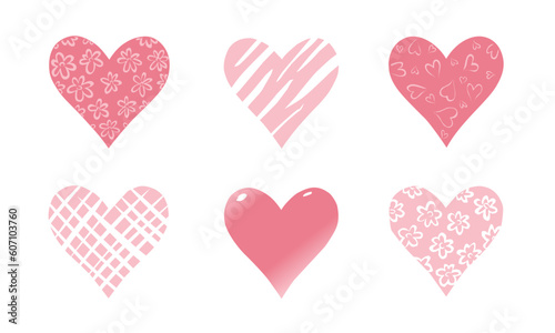 A vector set of six different hearts isolated on a white background. Illustration for romantic design.