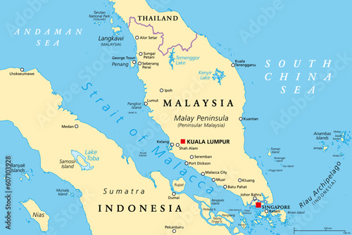 Strait of Malacca, political map. Important shipping lane and a main shipping channel between Malay Peninsula (Peninsular Malaysia) and Sumatra (Indonesia), connecting Andaman Sea and South China Sea.