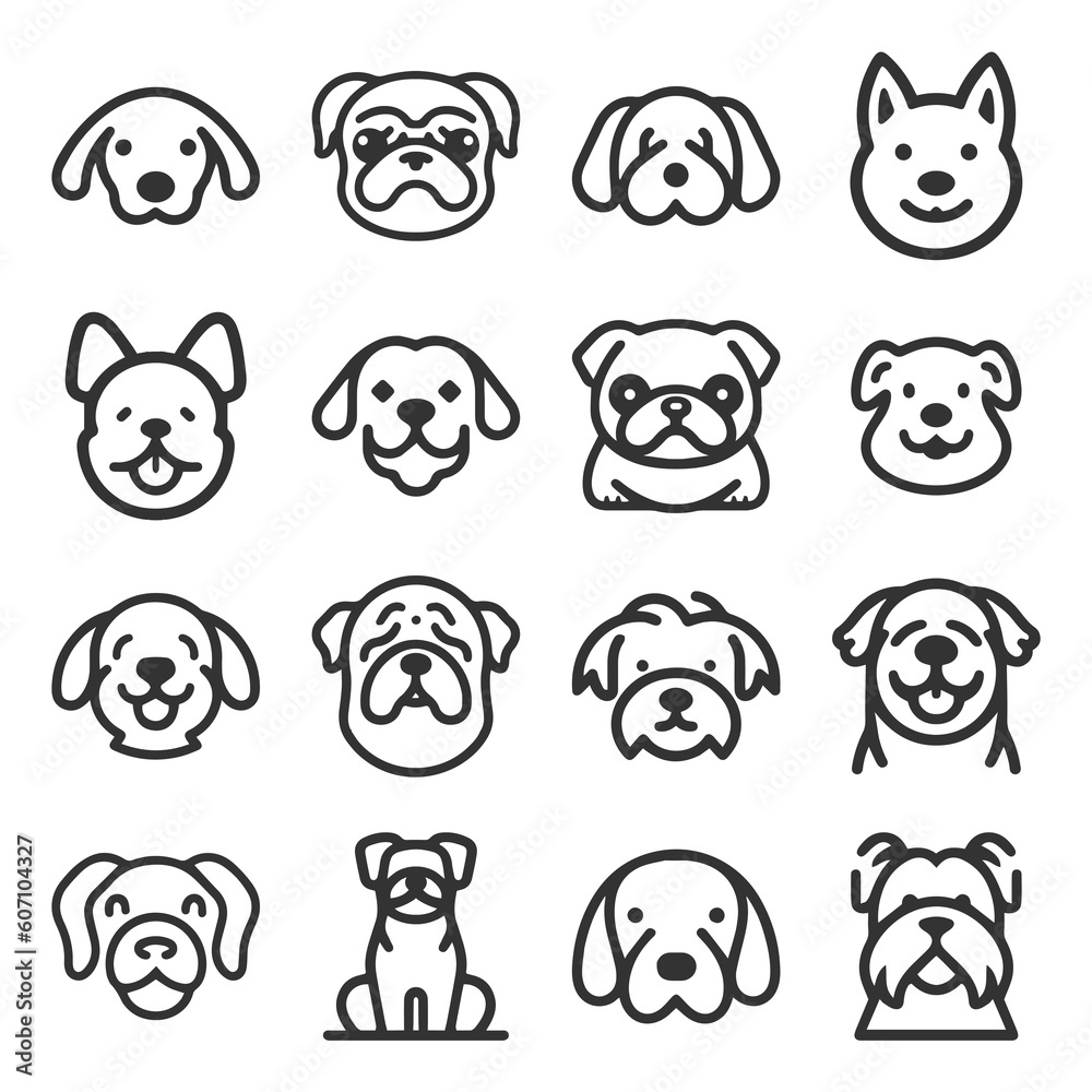 Cartoon cute Dog silhouette vector line icon set Cartoon cute Dog silhouette vector line icon set