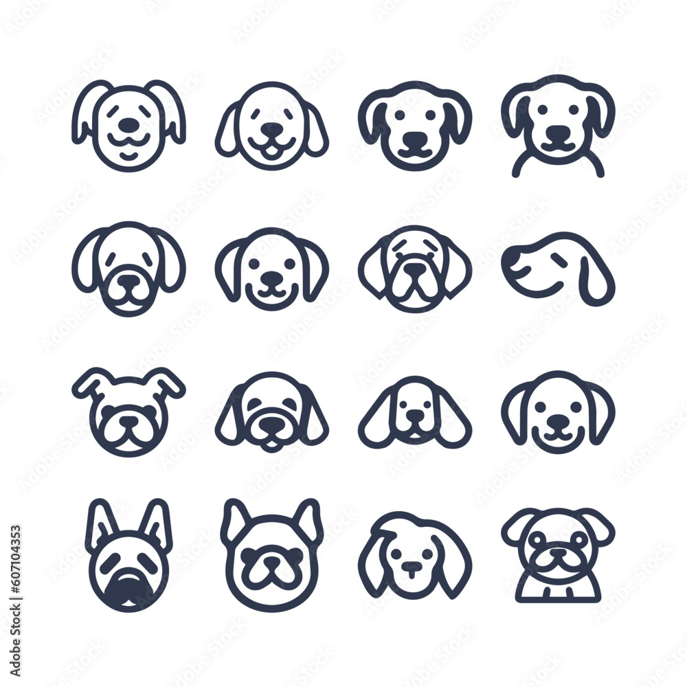 Cartoon cute Dog silhouette vector line icon set	