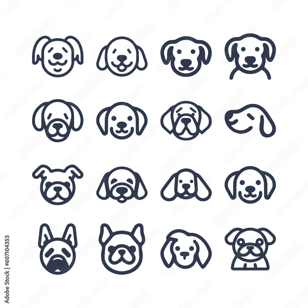 Cartoon cute Dog silhouette vector line icon set Cartoon cute Dog silhouette vector line icon set