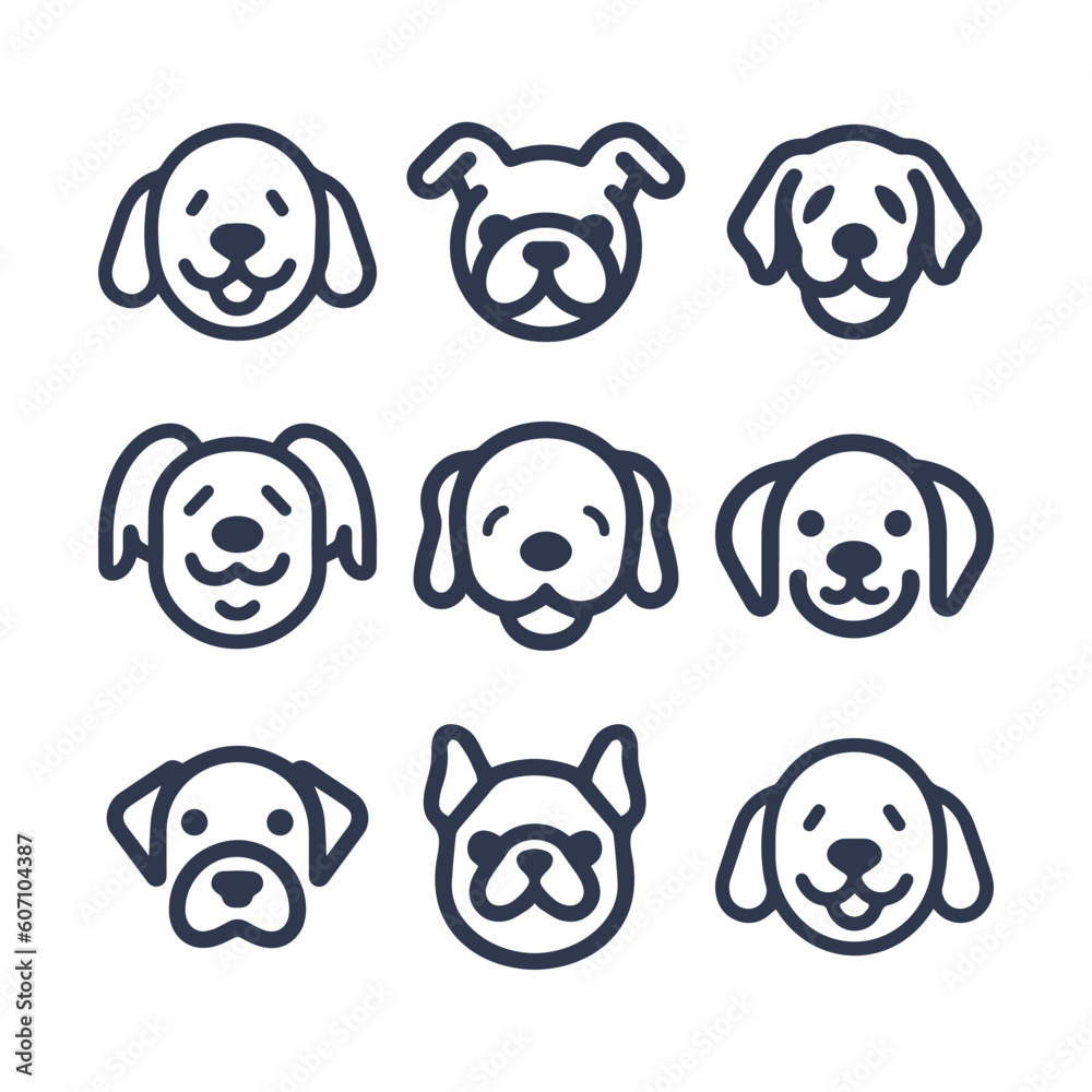 Cartoon cute Dog silhouette vector line icon set Cartoon cute Dog silhouette vector line icon set