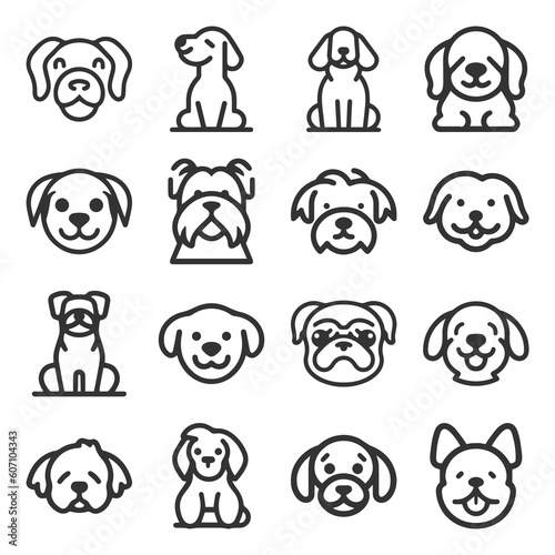 Cartoon cute Dog silhouette vector line icon set	