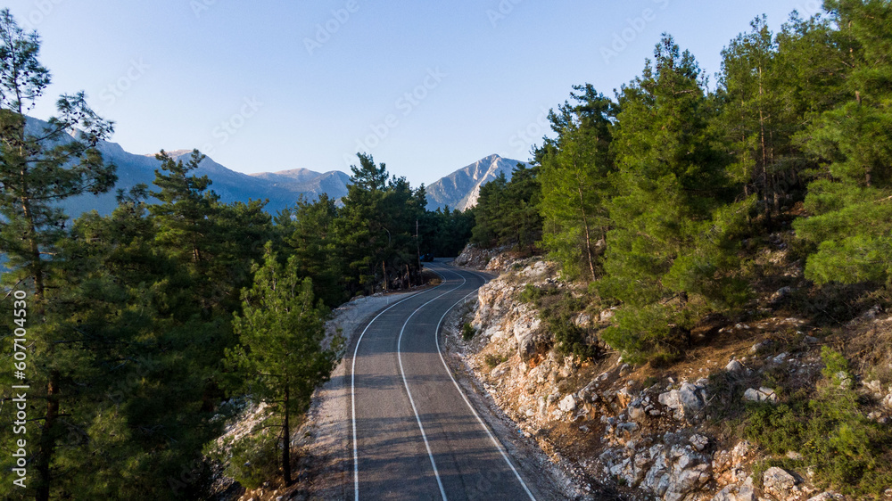 Aerial view of road between green summer forest Turkei Aerial view of road between green summer forest Turkei
