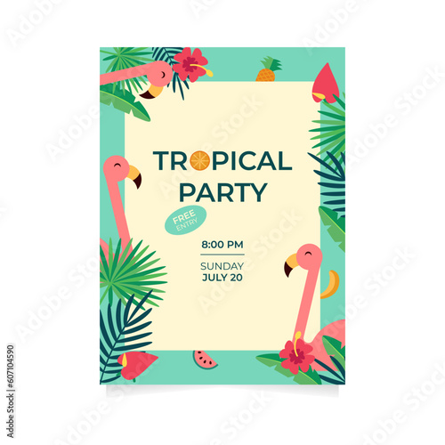 Tropical Hawaiian party invitation with flamingoes  exotic flowers and leaves.