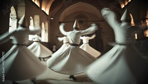 Sufi Dervish Whirling Silhouette in white dress, Turkey. Generation AI photo