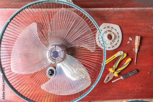 Fan with blades removed for repair