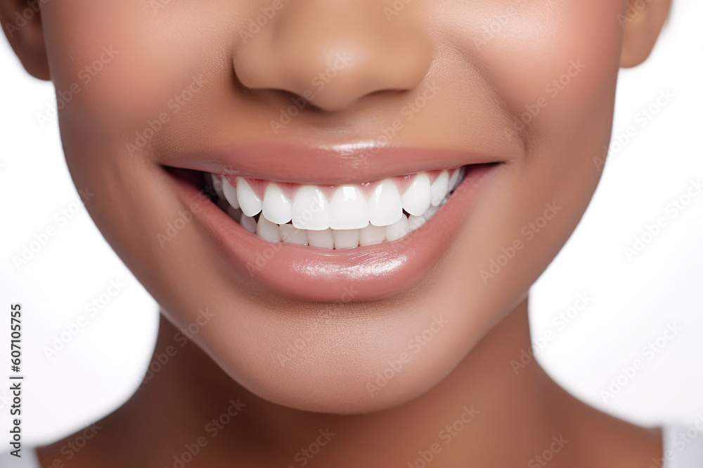 Obraz premium Smiling woman with perfect teeth, close up. Dental clinic banner. Isolated on white background female perfect tooths. Generated AI
