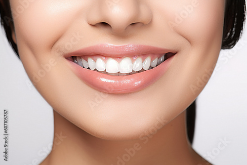 Smiling woman with perfect teeth, close up. Dental clinic banner. Isolated on white background female perfect tooths. Generated AI