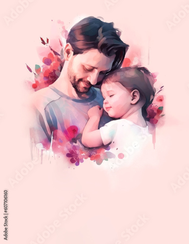 Father and his baby daughter in arms, portrait in watercolor painting style for Fathers Day social media post with copy space, AI generated