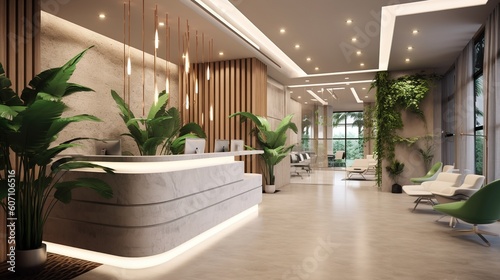 Reception desk in the hall of the office. Generative AI