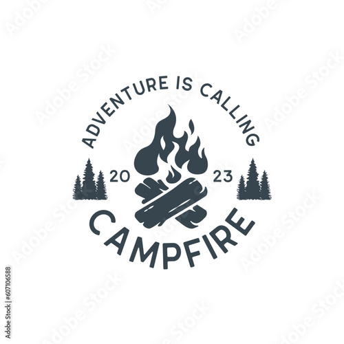 Vintage Burning bonfire with a large flame for camping logo design.