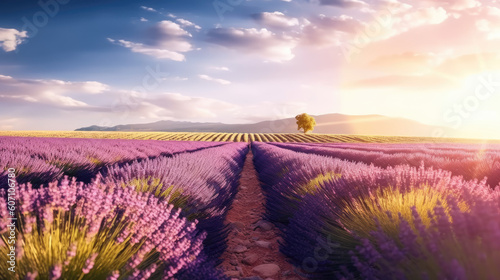 Blooming rows of lavender in the south of France in summer with its iconic purple blossoms.