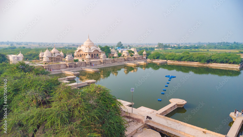 sacred place kusum sarovar on govardhan hill, temple in india, place of pilgrimage