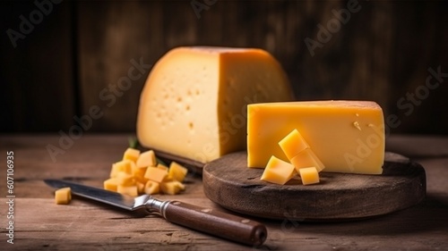 Gouda cheese with cutting board on wooden kitchen table Generative AI