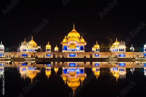 middle view, night view, sacred place kusum sarovar on govardhan hill, temple in india, place of pilgrimage