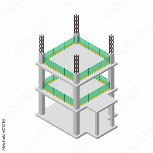 Isometric progress of construction of high rise building. Edge of floor with safety fence and guardrail.