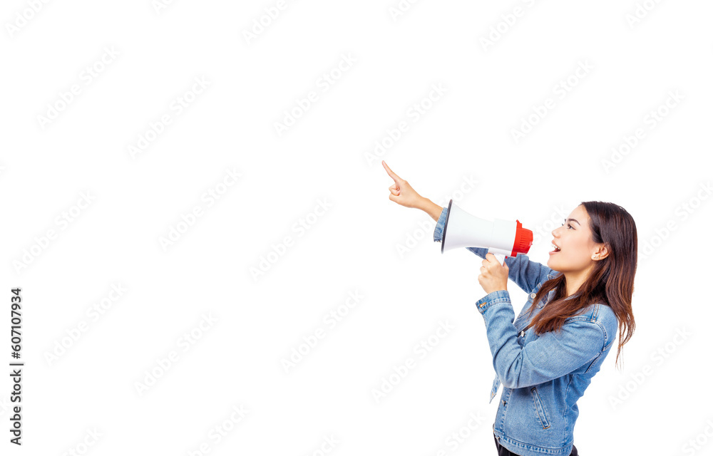 Smiling happy woman talking in megaphone or loudspeaker shouting loud Pretty woman point finger tell discount promotion Use for advertisement She standing over islolated on white background Copy space Smiling happy woman talking in megaphone or loudspeaker shouting loud Pretty woman point finger tell discount promotion Use for advertisement She standing over islolated on white background Copy space