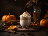 A Frothy Pumpkin Spice Latte, Garnished With a Cinnamon and Whipped Cream, in a Rustic Fall Setting With Warm Oranges and Browns, Halloween Drink Photography