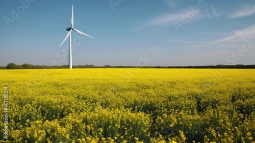 Wind turbine in a yellow flower field, Alternative energy. Generative AI.