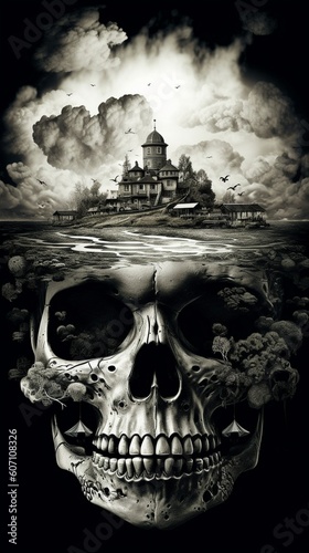 Scary skull castle black and white Generative AI