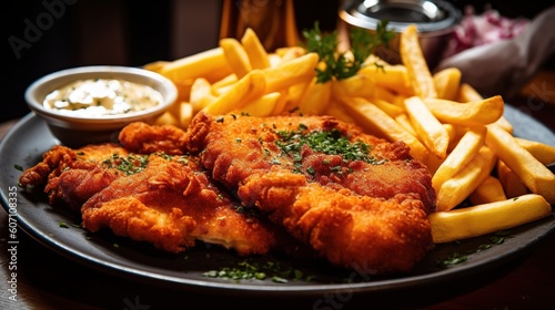 Fried Wiener schnitzel from veal topside with French fries. Generative AI