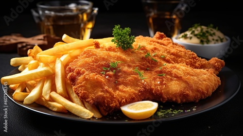 Fried Wiener schnitzel from veal topside with French fries. Generative AI