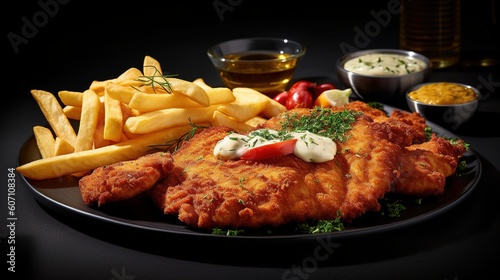 Fried Wiener schnitzel from veal topside with French fries. Generative AI photo
