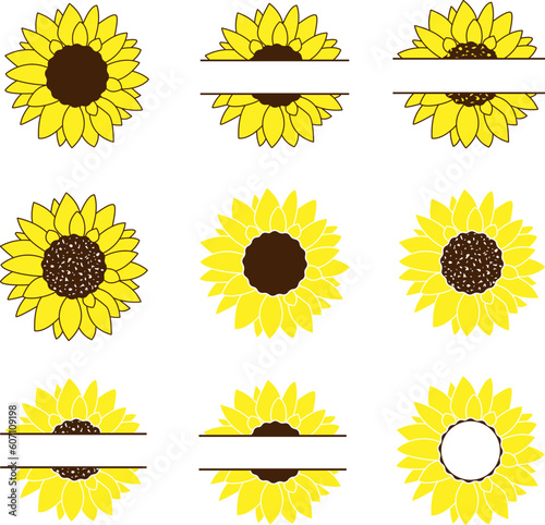 Sunflower Svg cut files. Sunflower vector clipart isolated on white background. Sunflower split monogram frame