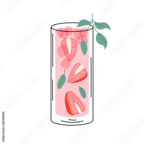 Glass of strawberry gin smash. Summer cocktail isolated on white background. Alcoholic drink with ice cubes, strawberries and mint. Cocktail for menu, bar. Vector illustration