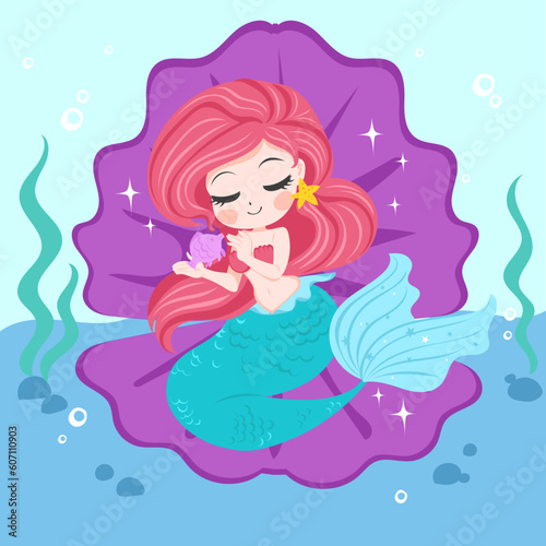 Lovely mermaid with little fish  vector illustration  children artworks  wallpapers  posters