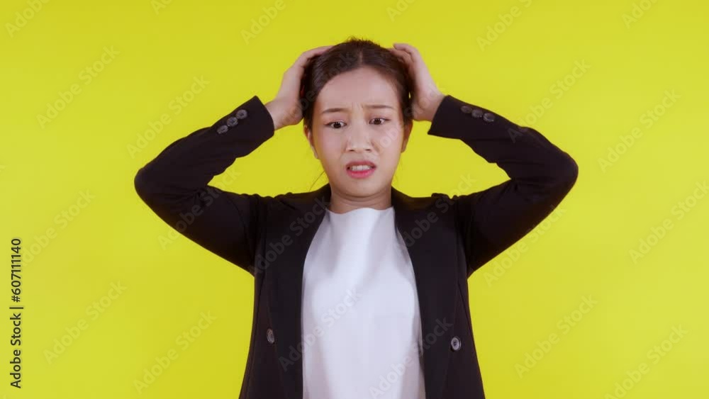 Portrait young asian businesswoman unhappy and angry on yellow background, expression and emotion, business woman annoyed and worried, aggressive and anxiety, female stress and depressed. Portrait young asian businesswoman unhappy and angry on yellow background, expression and emotion, business woman annoyed and worried, aggressive and anxiety, female stress and depressed.