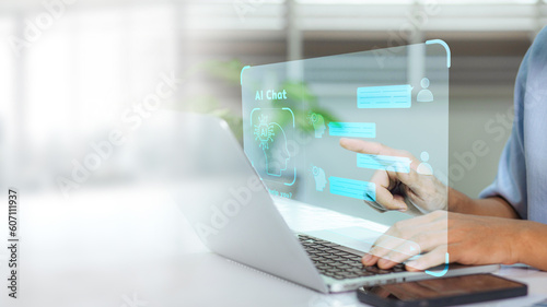Wallpaper Mural Business man using digital chatbot application Artificial Intelligence (AI) at home for online customer service. AI Chat Technology for Seamless Communication and Customer Engagement. Torontodigital.ca
