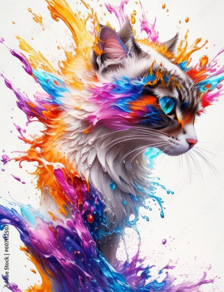 Whiskers: A Cat's Majesty on a Blank Canvas, colorful splashes, Generative AI Whiskers: A Cat's Majesty on a Blank Canvas, colorful splashes, Generative AI