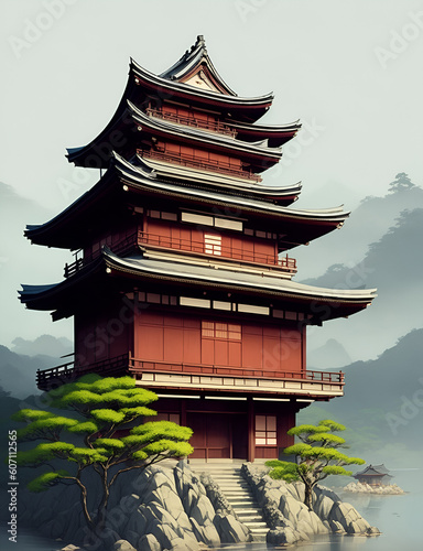 Japanese village landscape. AI generated illustration