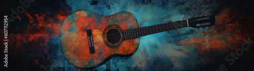 Abstract background illustration of a acoustic guitar with grunge noise and colorful texture. Music industry theme. Generative AI