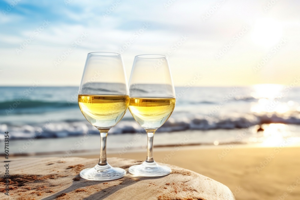 Delicious bottle of wine on the beach Generative AI