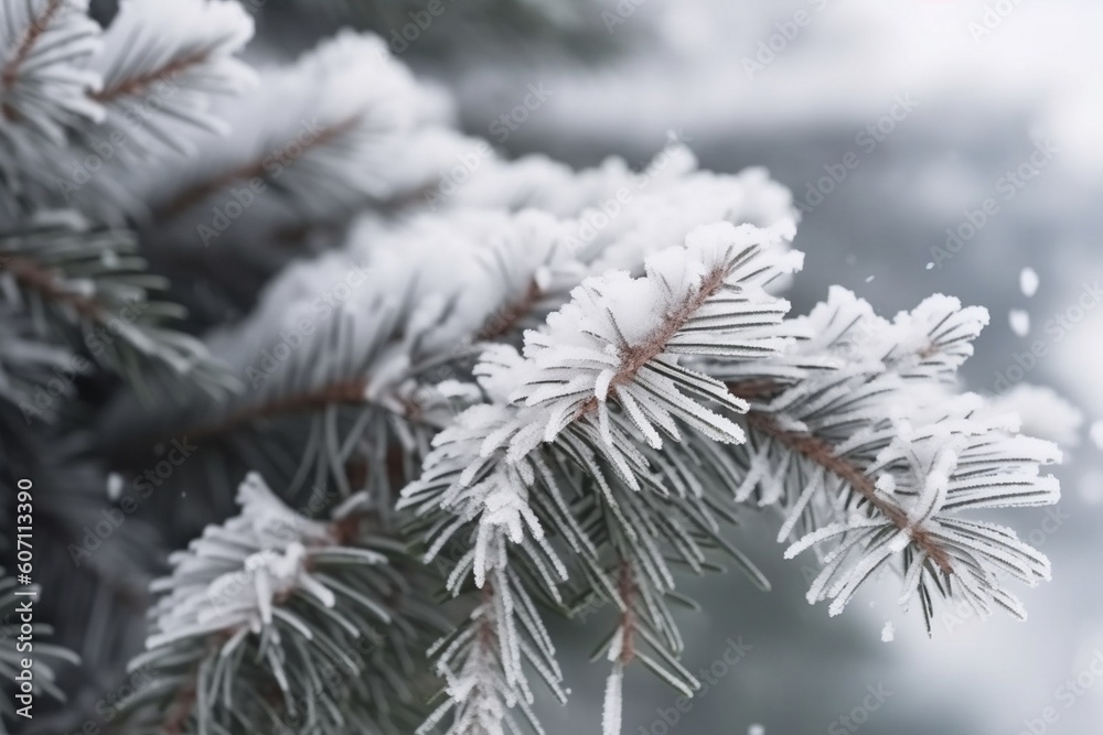 snow covered pine tree branch  Generative AI