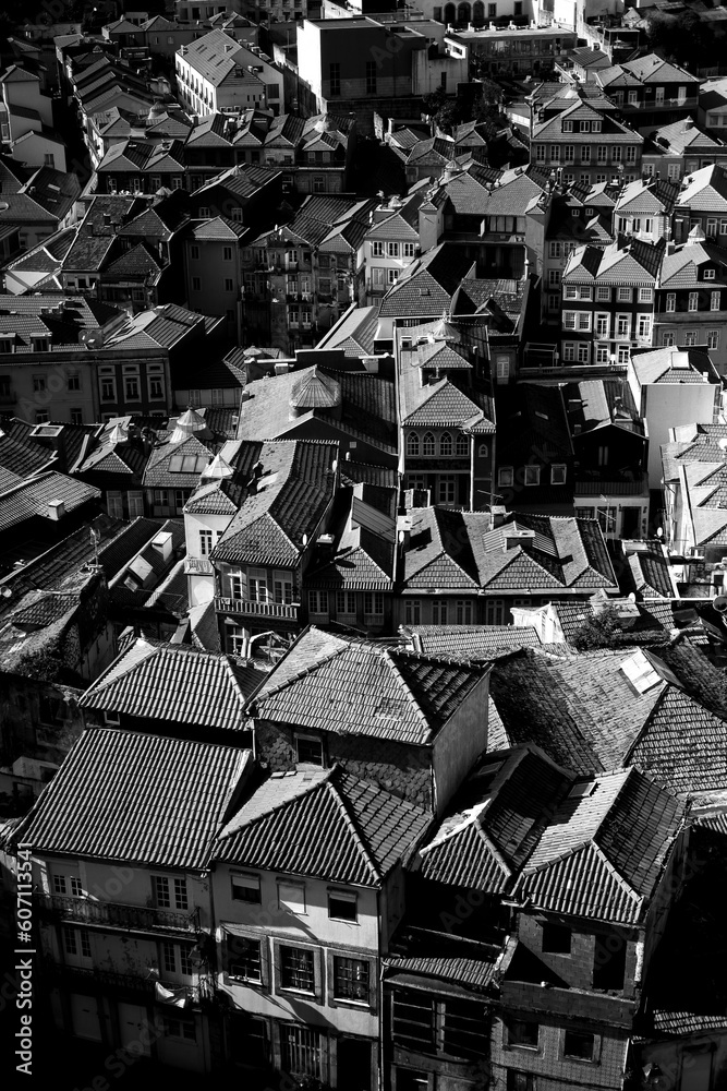 Naklejka premium View of rooftops of the old Porto, Portugal. Black and white photo.