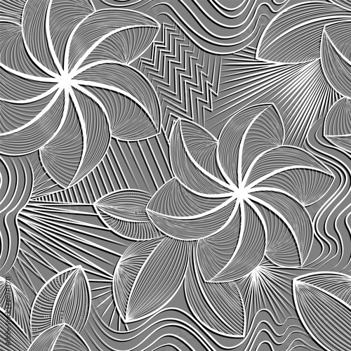 seamless vector wallpaper with delicate white floral pattern with shadow. Monochrome background image